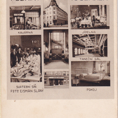 Pohlednice, tištěná montáž snímků slánského fotografa Jaroslava Eismana. Již jen Grand hotel.
