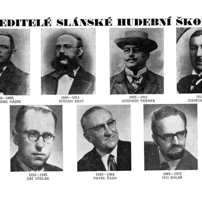 Fotografie ředitelů LŠU z publikace k výročí 140 let v roce 1978 Lidové školy umělecké. Ze sbírky Jiřího Popoviče.