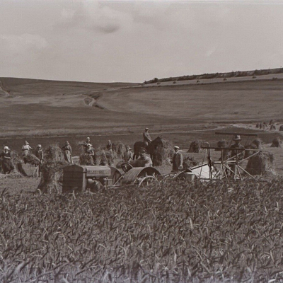 Čechy Polní práce na statku. Sekání traktorem. Československo 1928